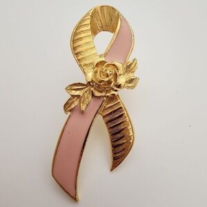 Vintage Avon Large Better Breast Care Ribbon Pin Pink Cancer Bow Gold Tone